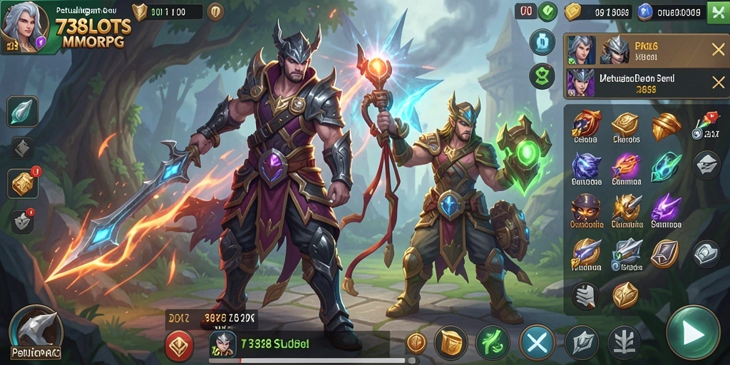 Screenshot gameplay <strong>738SLOTS</strong> yang menunjukkan pertarungan epik di dunia MMORPG.