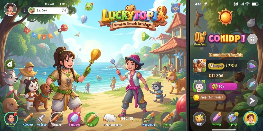 Screenshot utama dari gameplay LUCKYTOPIA menampilkan pembangunan kota dan interaksi karakter.