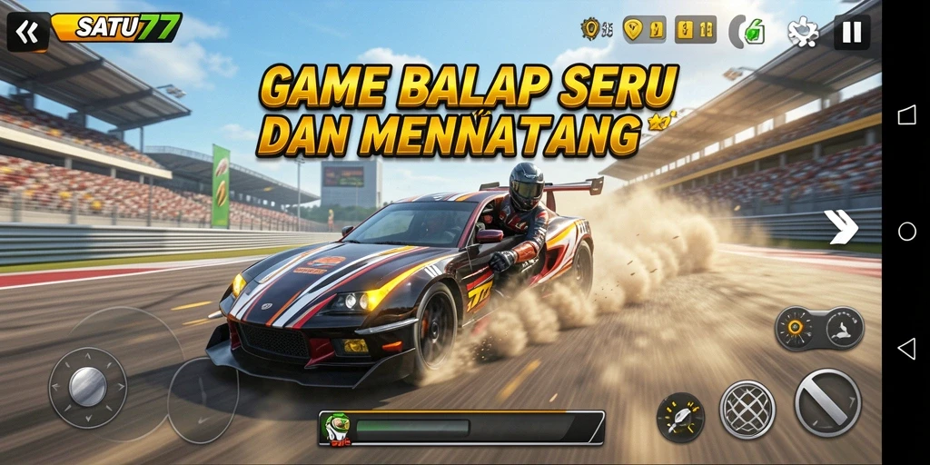 Tampilan gameplay SATU77 dengan aksi balap yang seru dan mendebarkan.